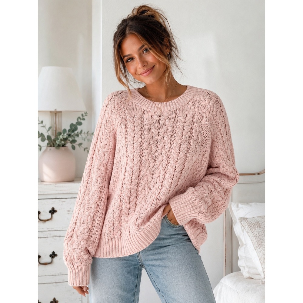 Aerie Cable Knit Oversized Sweater Medium Blush Pink Chunky Cozy Pullover